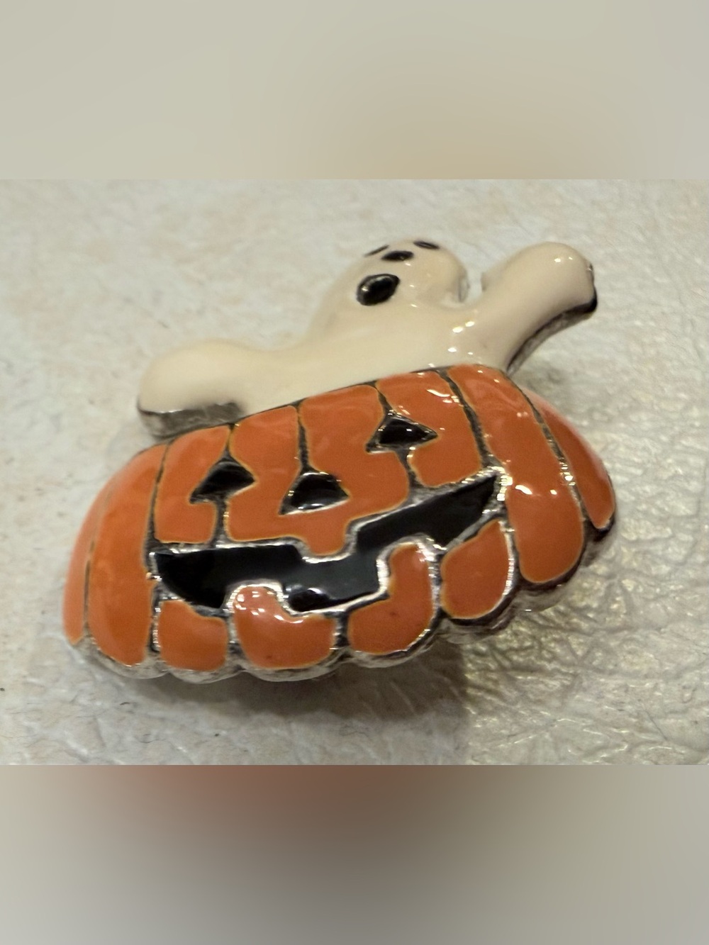 Halloween Ghost in Pumpkin enamel brooch - White and Orange - Picture 2 of 8